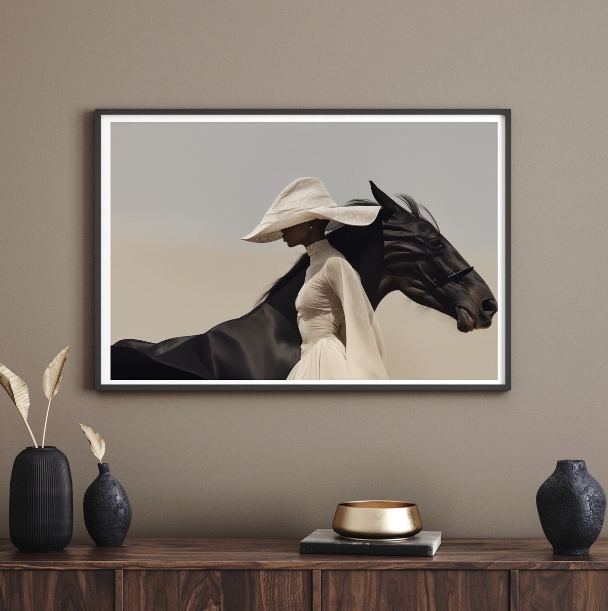 Desert Grace – Elegant Lady with Horse (Framed Landscape Art 24x36 inches)